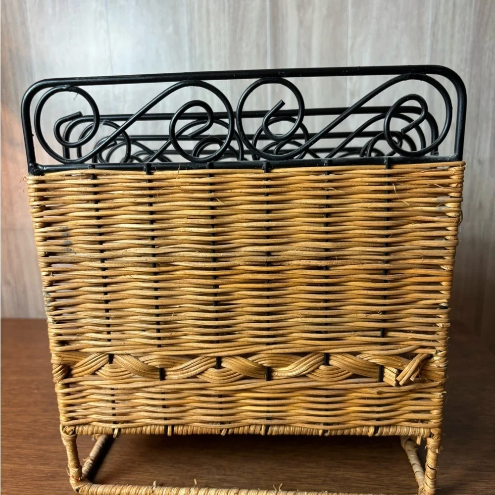 Vintage Wicker File Organizer with Black Metal Dividers - Natural Brown